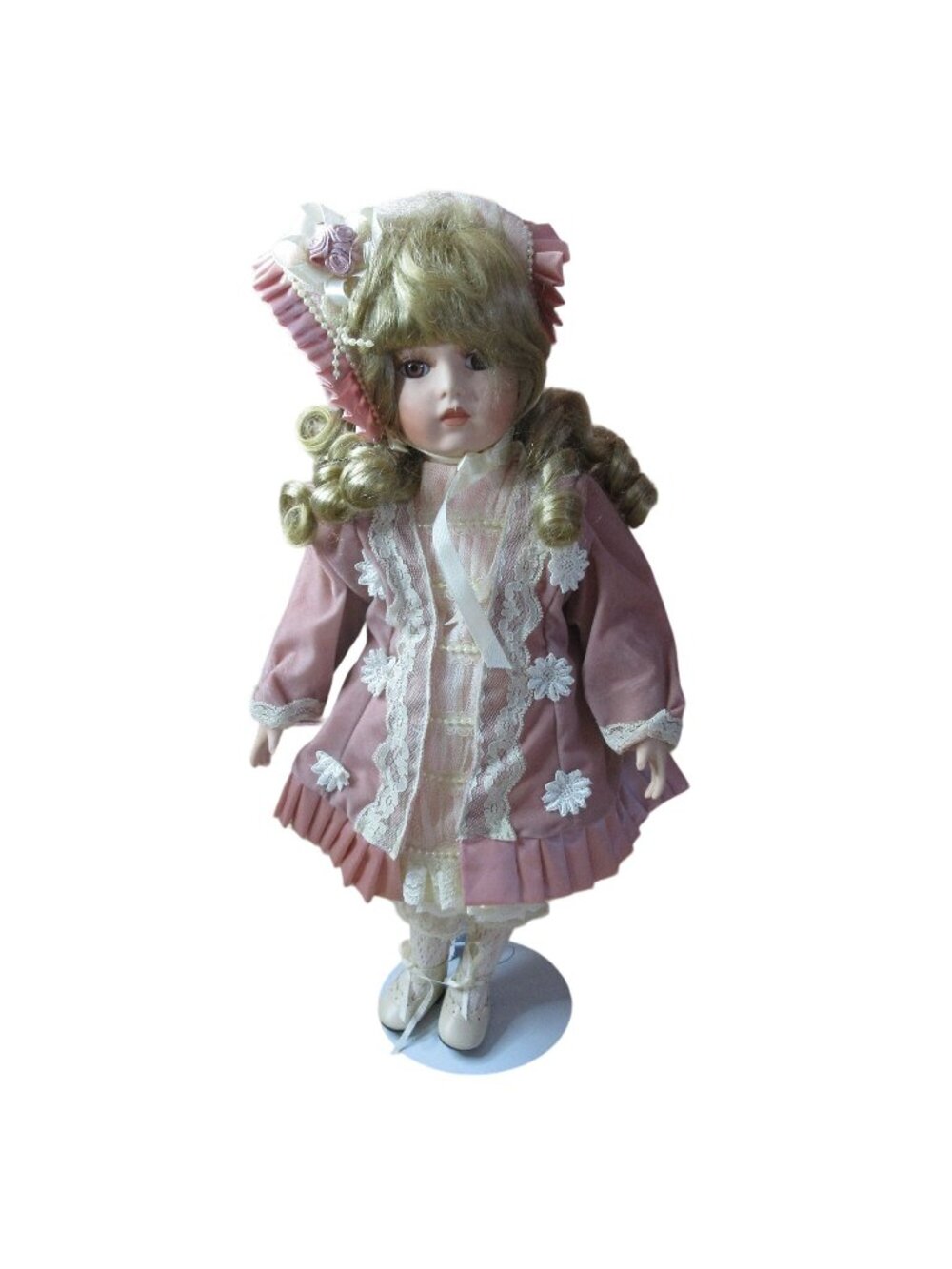 1998 Collectible Porcelain Doll Pink Dress Hat Roses William Tung 16" Tuss Inc.
